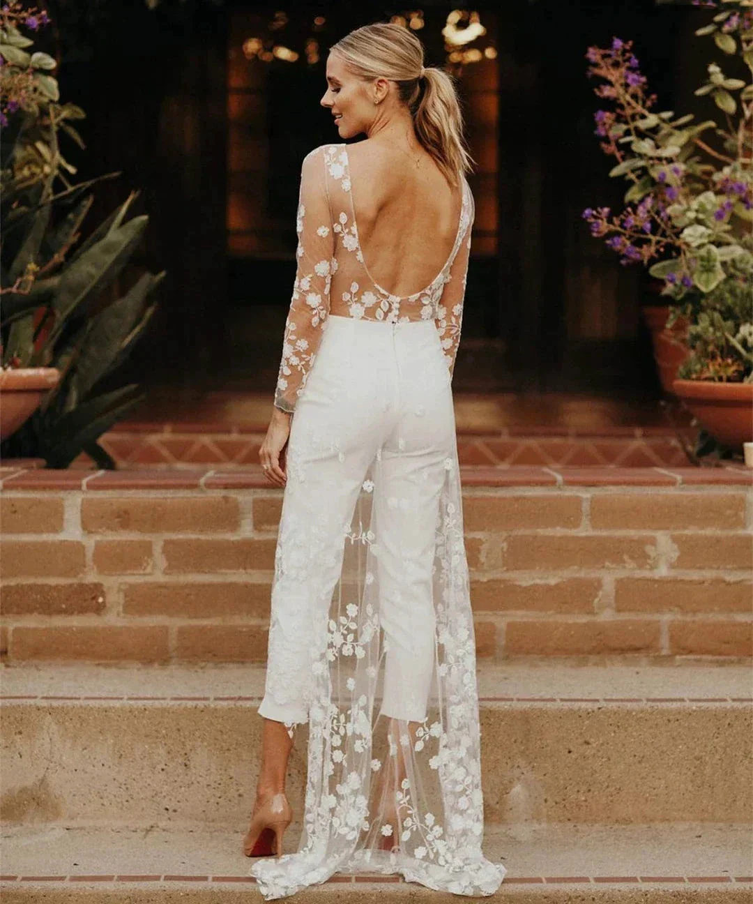 Beach Sexy Open Back Pants Suit Wedding Dresses For Women Applique Lace Long Sleeves Bridal Gowns Cheap New Vestido De Novia - Image 3