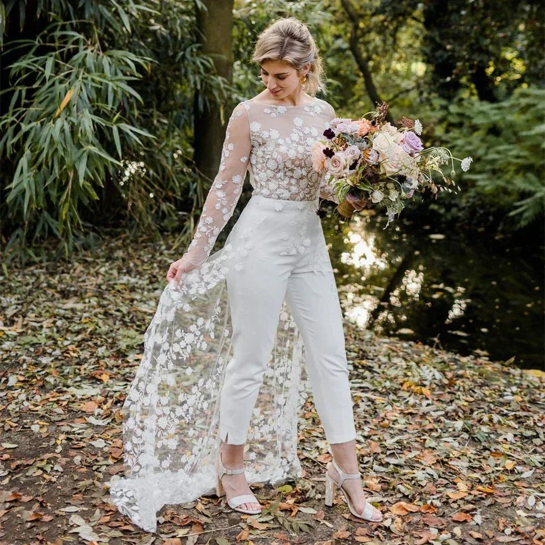 Beach Sexy Open Back Pants Suit Wedding Dresses For Women Applique Lace Long Sleeves Bridal Gowns Cheap New Vestido De Novia - Image 4