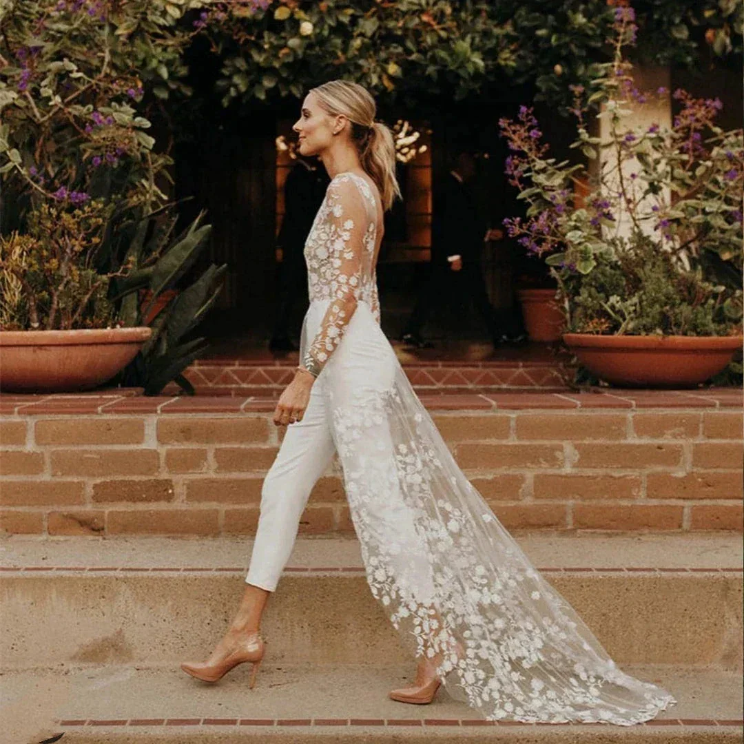 Beach Sexy Open Back Pants Suit Wedding Dresses For Women Applique Lace Long Sleeves Bridal Gowns Cheap New Vestido De Novia - Image 5