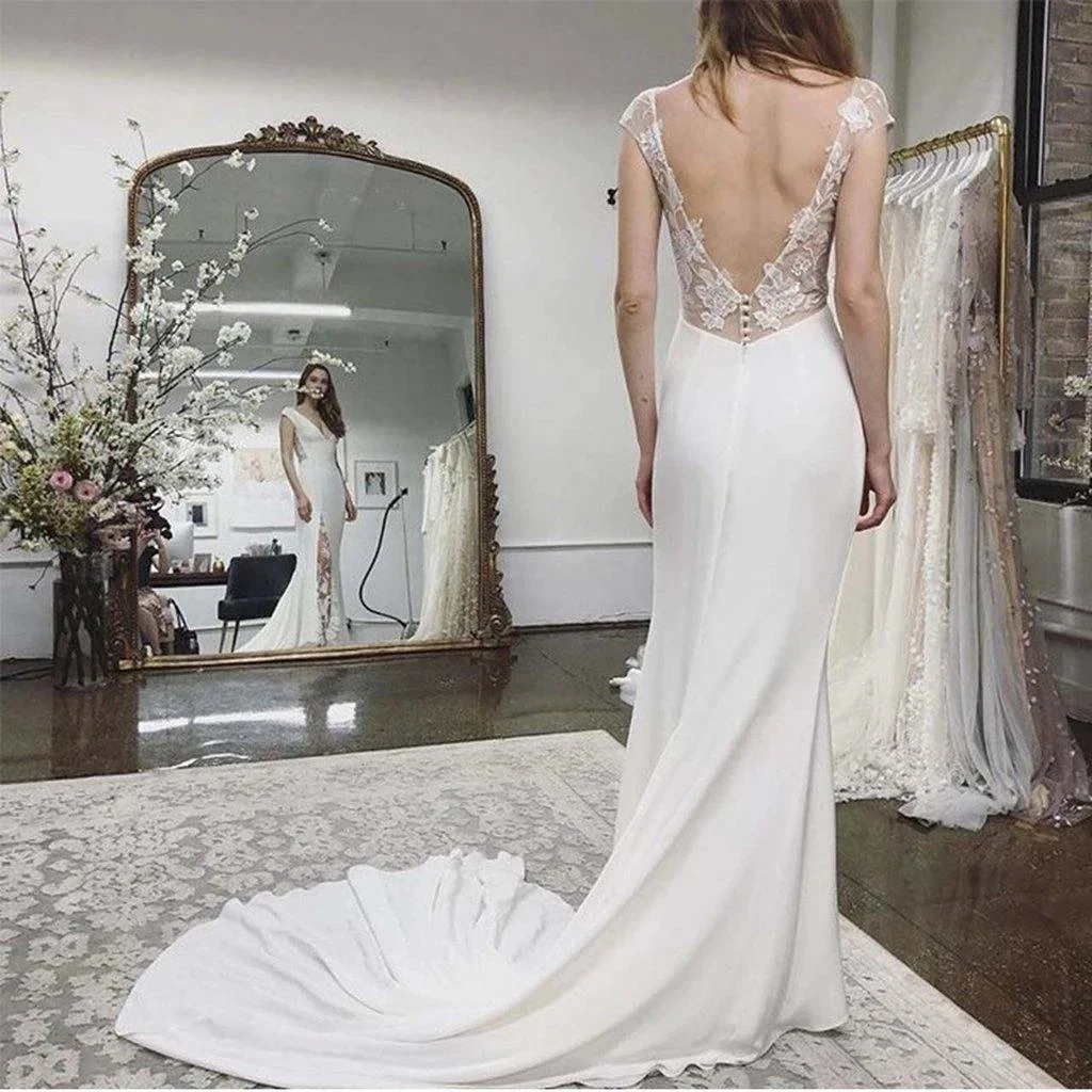 Beach Wedding Dress Cap Sleeves Appliques Backless Lace Bridal Dresses  WD431 - Image 2