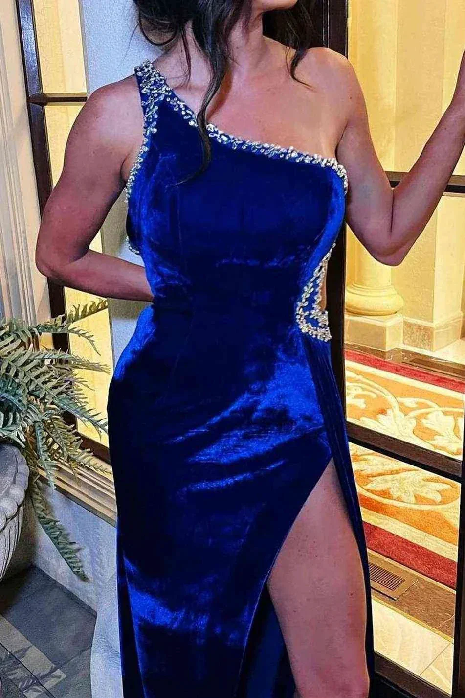 Beaded One Shoulder Black Velvet Long Formal Dress,Sexy Evening Dress Y1791 - Image 3