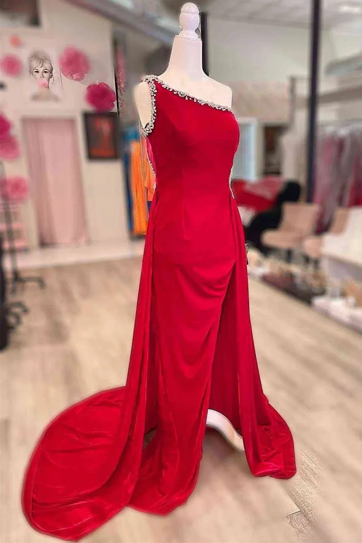 Beaded One Shoulder Black Velvet Long Formal Dress,Sexy Evening Dress Y1791 - Image 4