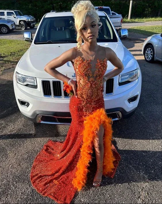 Beaded Sheath Formal Dresses With Slit Orange Shiny Sequins Evening Dress Y6514 - Image 2