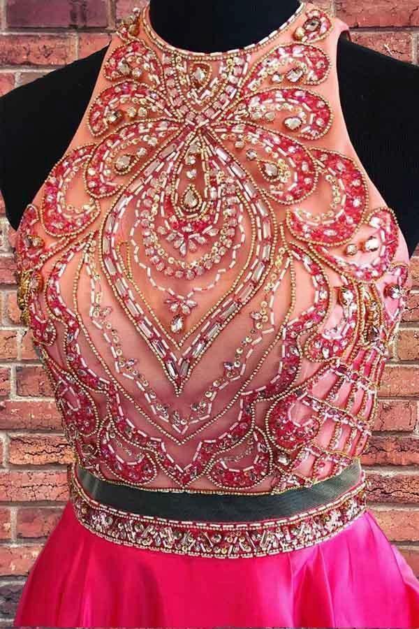 Beaded Two Piece Short Prom Dress Hot Pink Homecoming Dress PD337 - Image 2