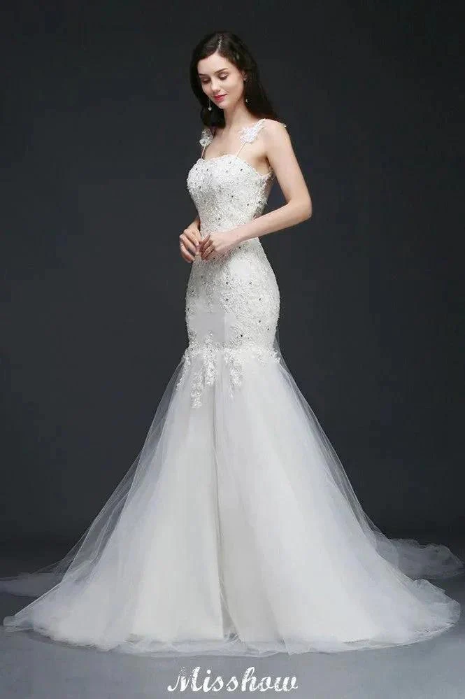 Beading Mermaid Spaghetti Strap Romantic Wedding Dress - Image 3
