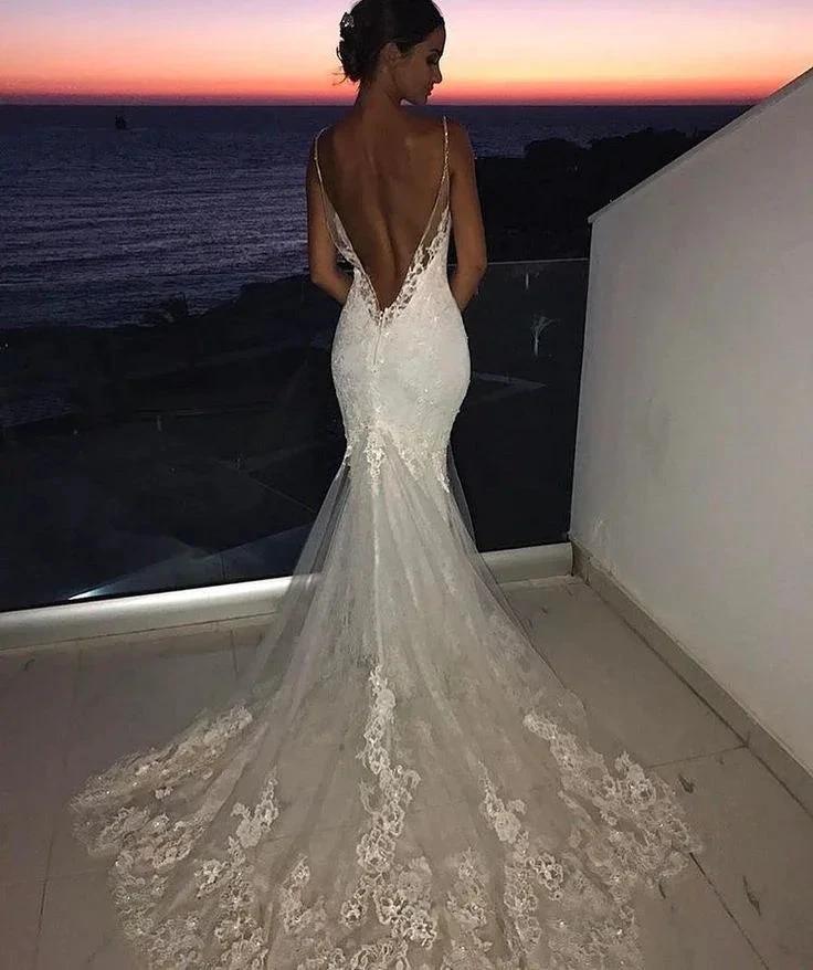 Backless Wedding Dress Lace Mermaid Beautiful Spaghetti-Straps Bride Dress - Image 3