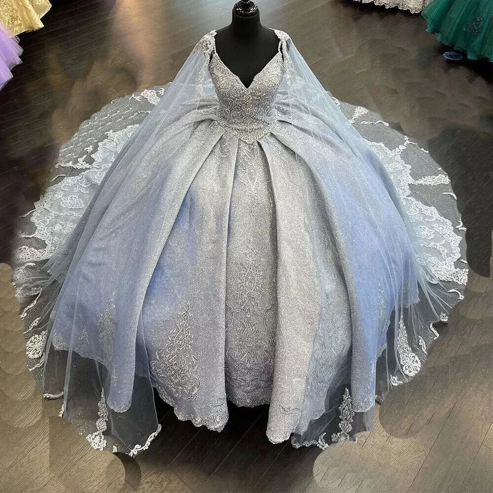 Beading Quinceanera Dresses Sequin Applique Princess Ball Gown With Cape Y1516 - Image 10