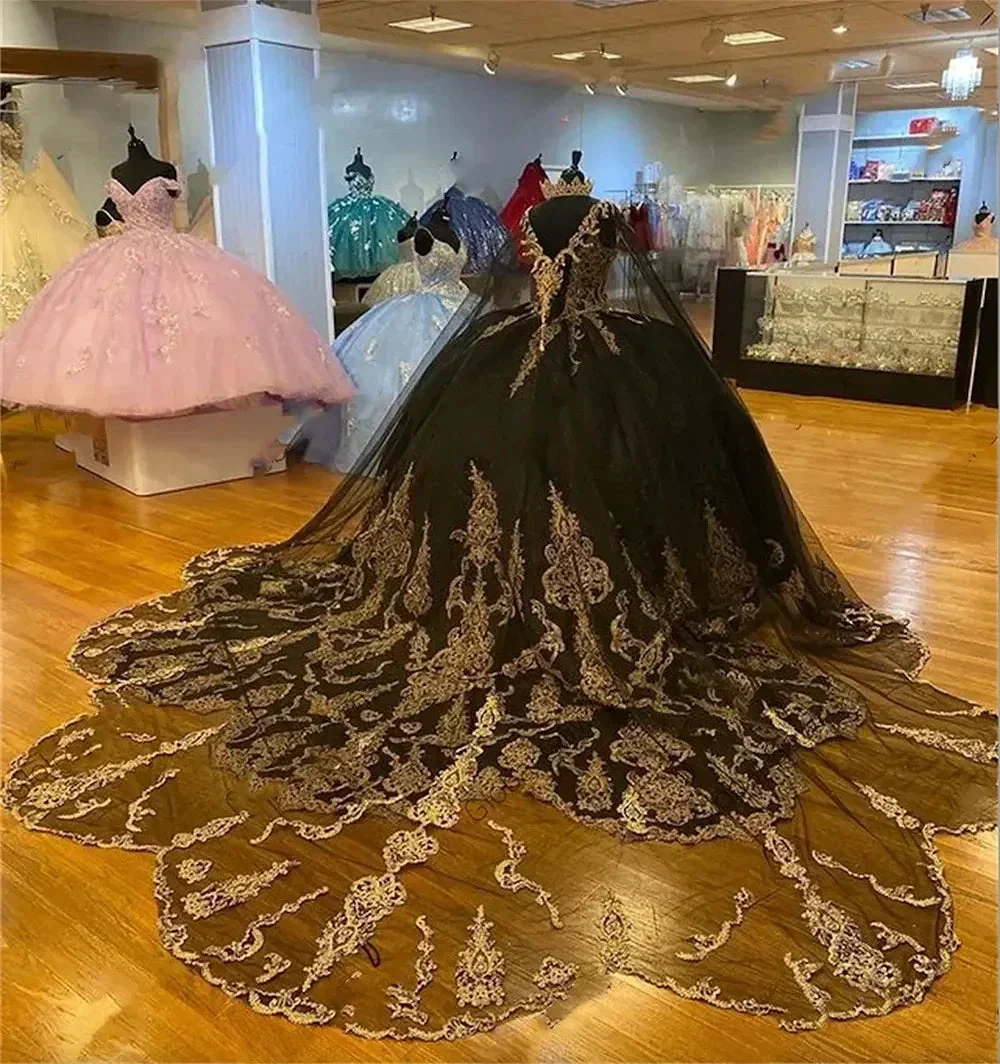 Beading Quinceanera Dresses Sequin Applique Princess Ball Gown With Cape Y1516 - Image 7