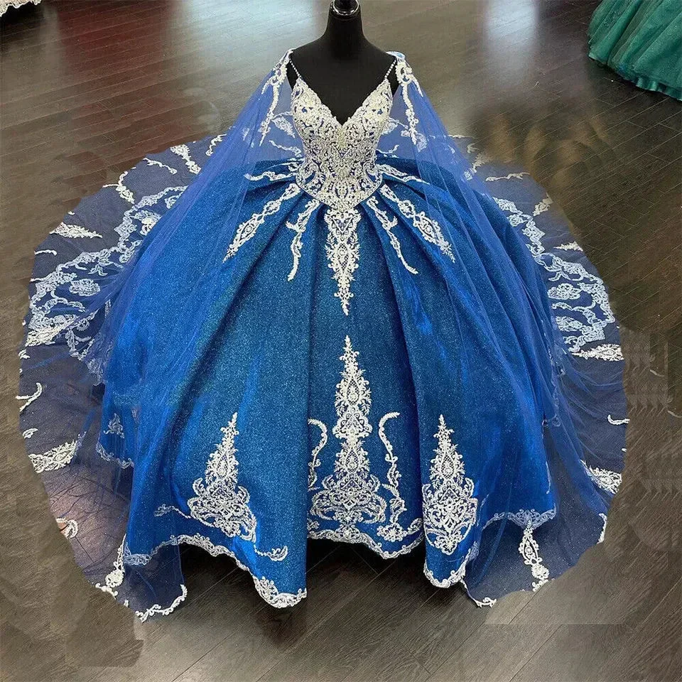 Beading Quinceanera Dresses Sequin Applique Princess Ball Gown With Cape Y1516 - Image 9