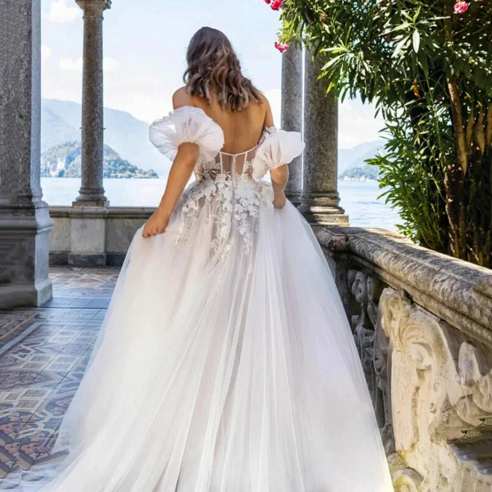 Beauteous Lace Appliques Wedding Dress Sweetheart Short Puffy Sleeves Bridal Gown Zipper Back Court Train Vestidos De Novia - Image 4