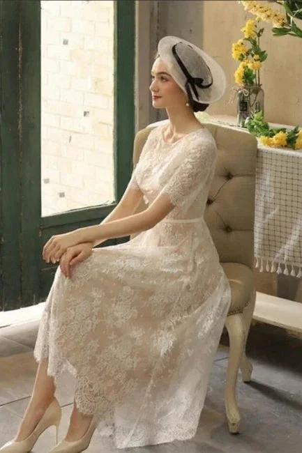 Beautiful A-line Lace Short Wedding Dresses With 3/4 Sleeves - Image 4