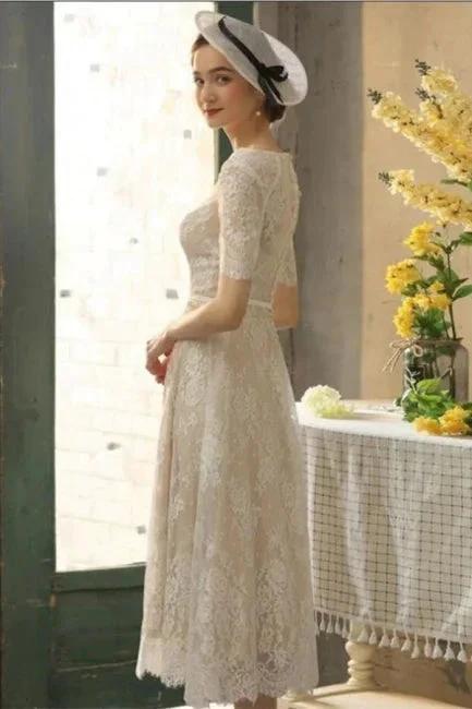 Beautiful A-line Lace Short Wedding Dresses With 3/4 Sleeves - Image 5