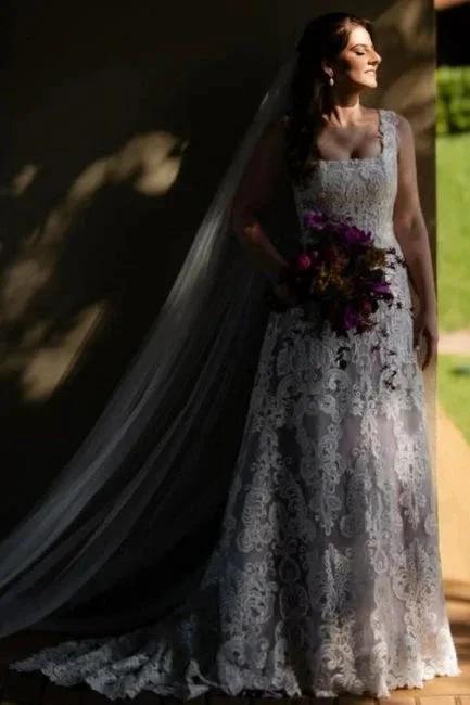 Beautiful A-Line Lace Square Sleeveless Ivory Long Wedding Dress With Appliques - Image 3