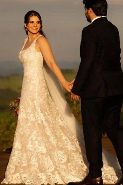 Beautiful A-Line Lace Square Sleeveless Ivory Long Wedding Dress With Appliques - Image 4
