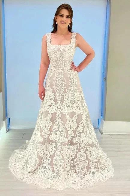 Beautiful A-Line Lace Square Sleeveless Ivory Long Wedding Dress With Appliques - Image 6