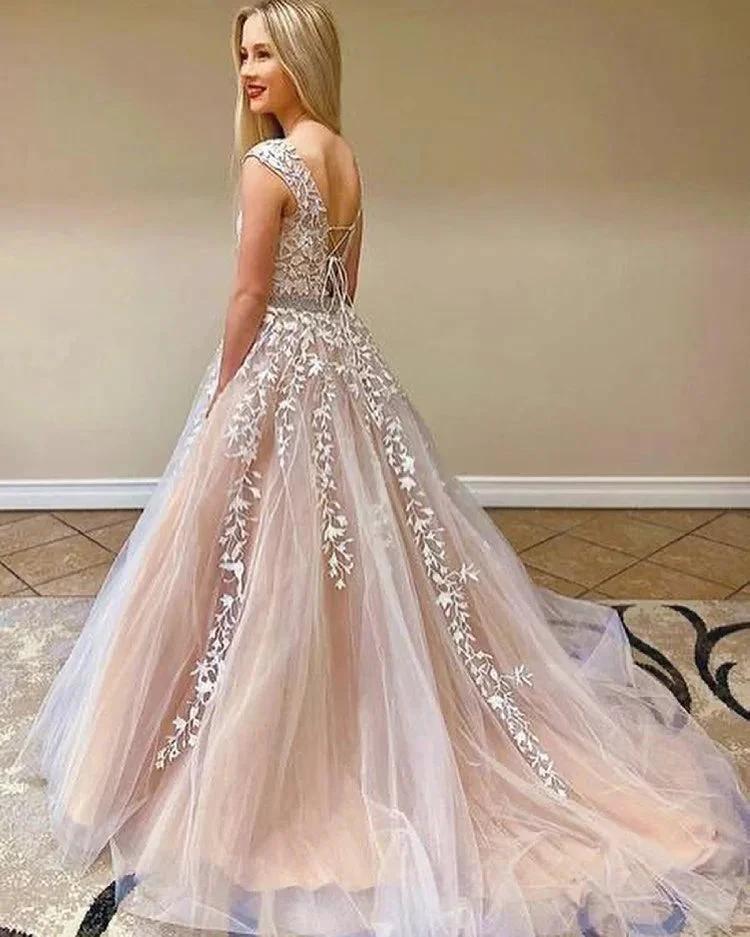 Beautiful A-Line Lace Tulle Backless Long Prom Dress - Image 2