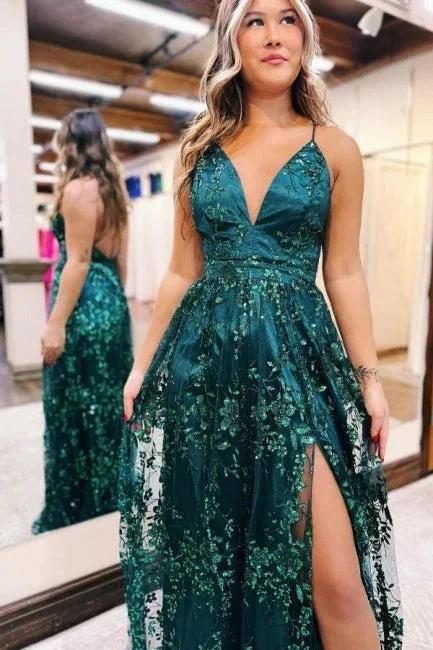Beautiful A-Line Lace V-Neck Sleeveless Prom Dress With Appliques Split - Image 2