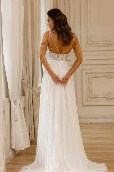 Beautiful A-Line Lace V-Neck Sleeveless White Wedding Dress With Appliques - Image 2