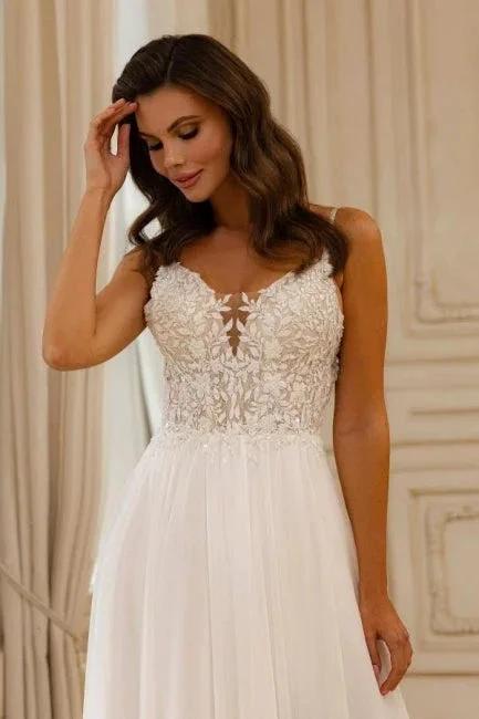 Beautiful A-Line Lace V-Neck Sleeveless White Wedding Dress With Appliques - Image 3