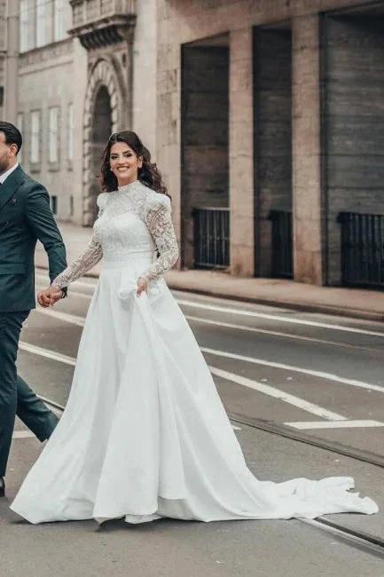 Beautiful A-line Long High Neck Lace Chiffon Wedding Dresses with Long Sleeves - Image 2