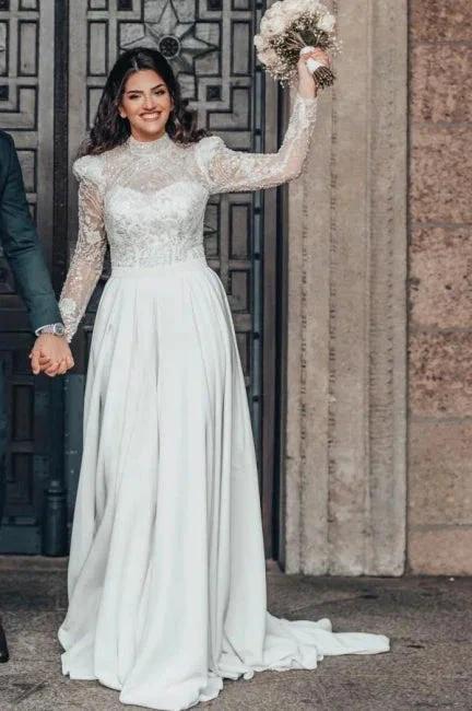 Beautiful A-line Long High Neck Lace Chiffon Wedding Dresses with Long Sleeves - Image 3