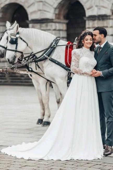 Beautiful A-line Long High Neck Lace Chiffon Wedding Dresses with Long Sleeves - Image 4
