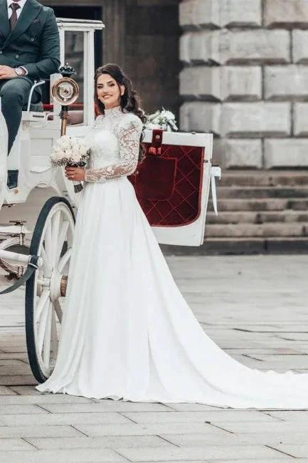 Beautiful A-line Long High Neck Lace Chiffon Wedding Dresses with Long Sleeves - Image 5