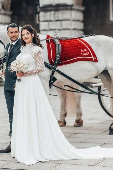 Beautiful A-line Long High Neck Lace Chiffon Wedding Dresses with Long Sleeves - Image 6