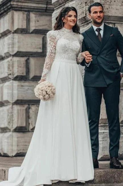 Beautiful A-line Long High Neck Lace Chiffon Wedding Dresses with Long Sleeves - Image 7