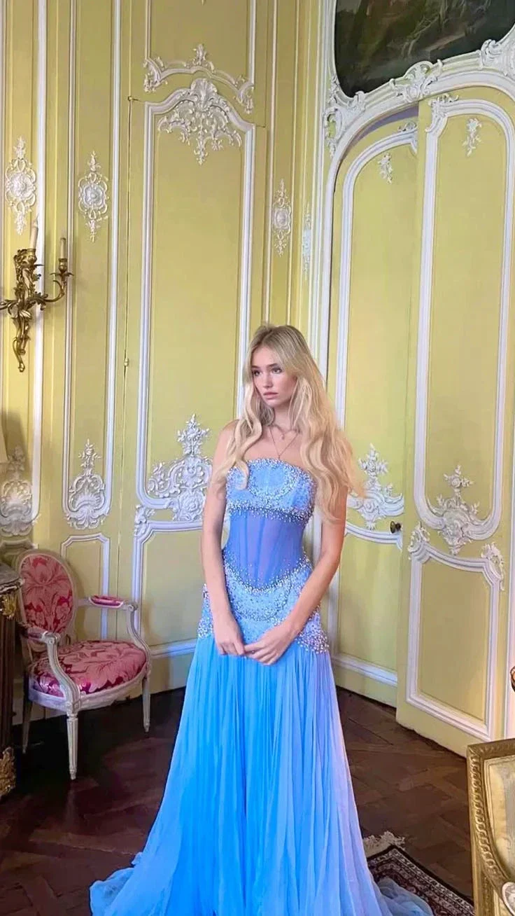 Beautiful A Line Off The Shoulder Light Blue Long Party Evening Gown Chiffon Prom Dress Y8045 - Image 2