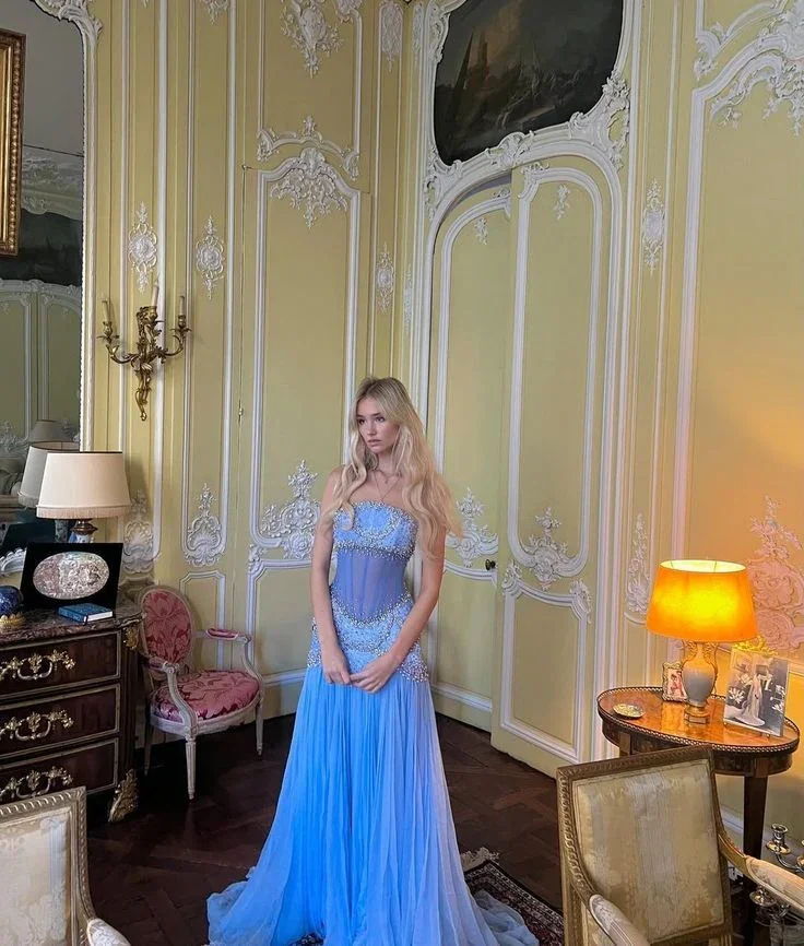 Beautiful A Line Off The Shoulder Light Blue Long Party Evening Gown Chiffon Prom Dress Y8045 - Image 3