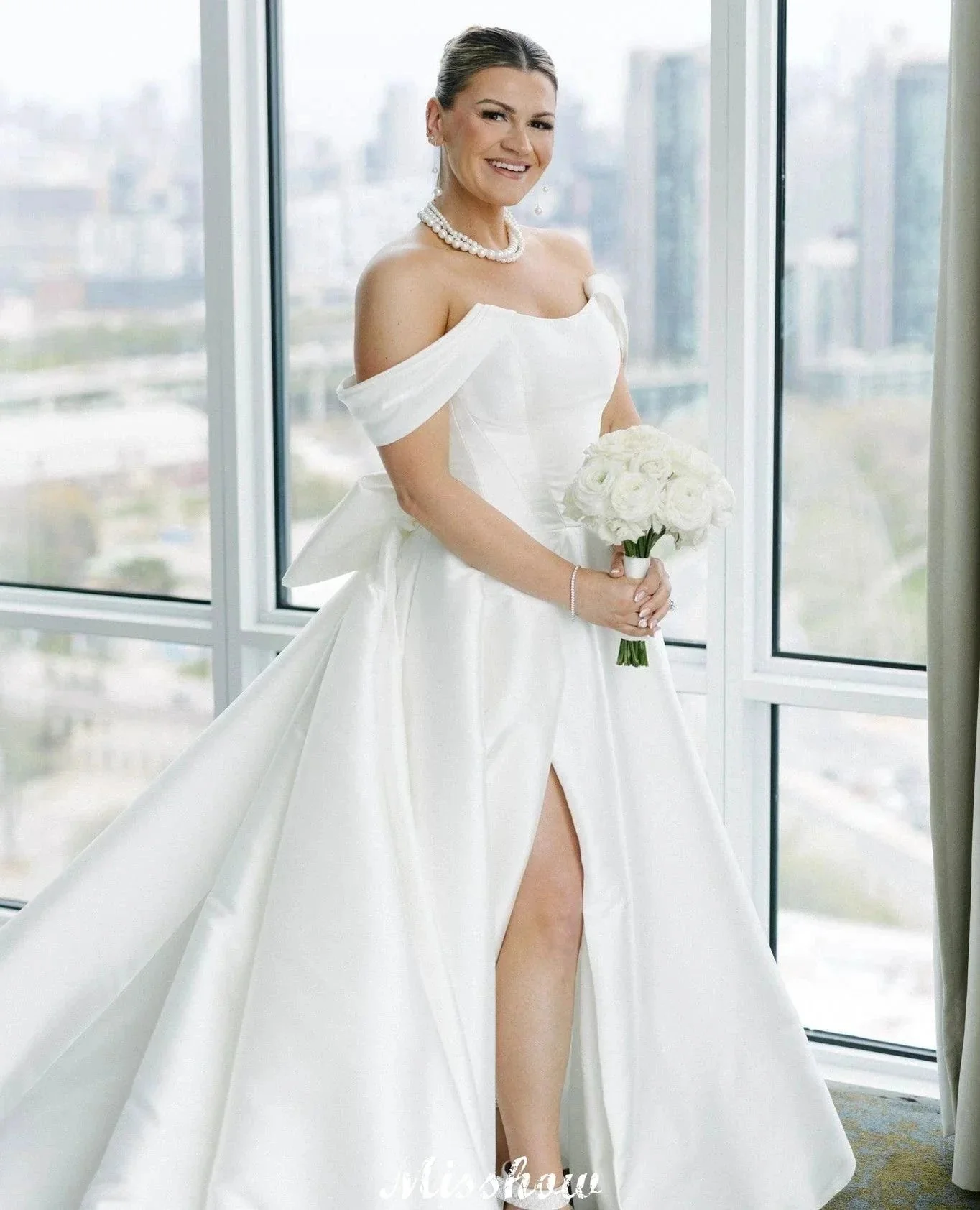 Beautiful A-Line Off-The-Shoulder Scoop Sleeveless Ruffles Satin Split Front White Wedding Dresses - Image 2