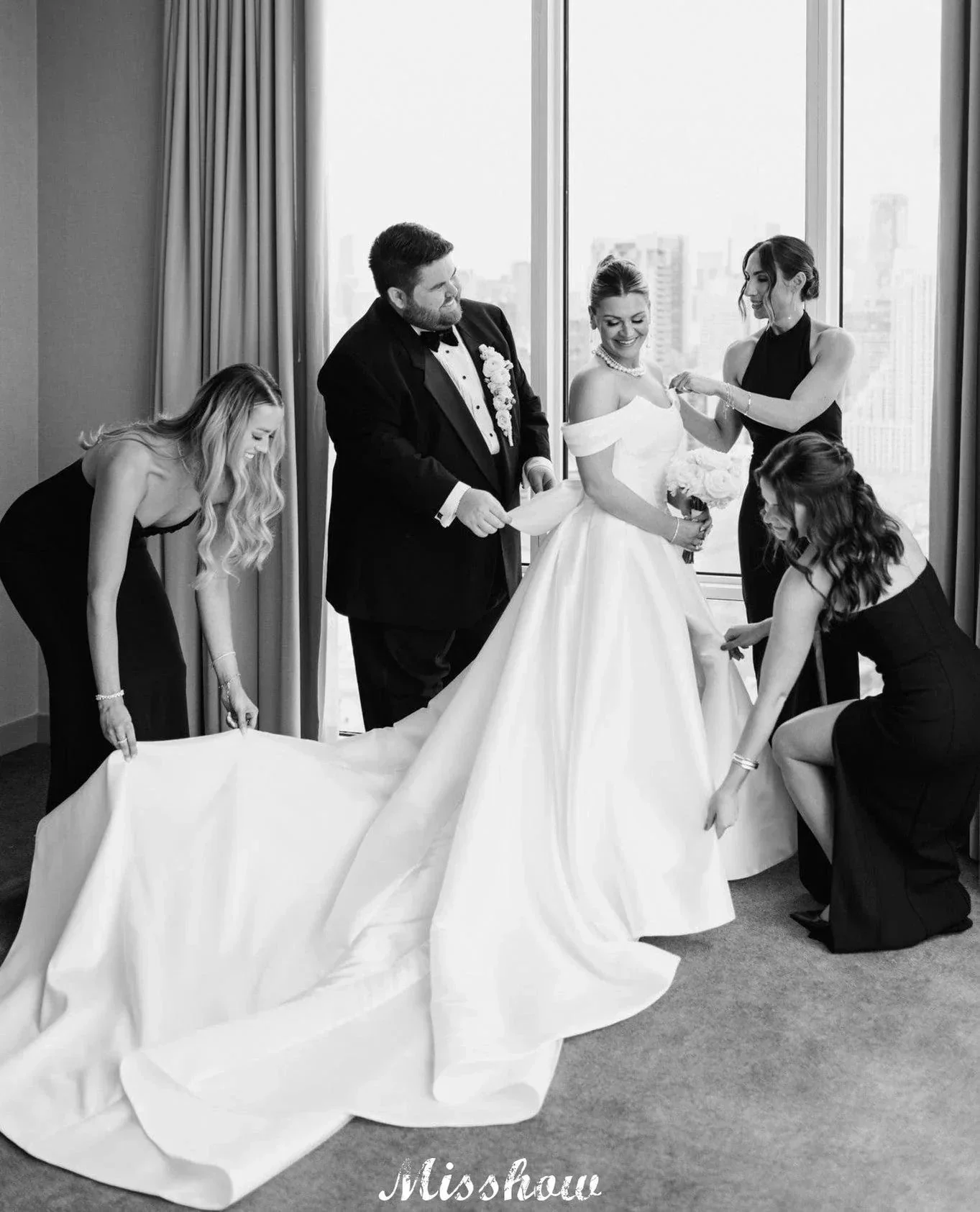 Beautiful A-Line Off-The-Shoulder Scoop Sleeveless Ruffles Satin Split Front White Wedding Dresses - Image 5