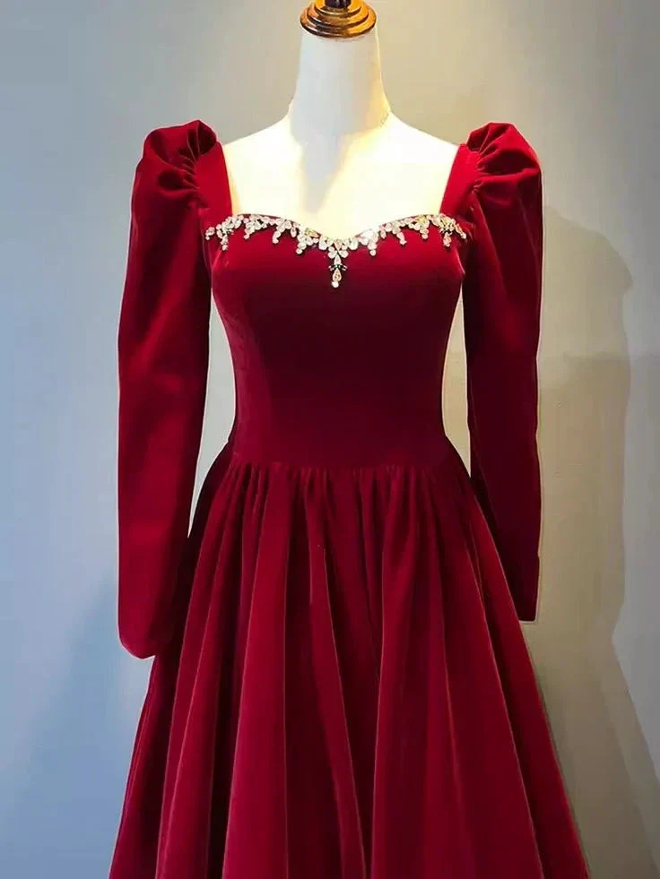 Beautiful A Line Red Velvet Prom Dress Sweatheart Party Dress Brithday Ball Gown Y7588 - Image 3