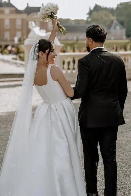 Beautiful A-Line Satin Off-The-Shoulder Sleeveless White Wedding Dresses With Split Front - Image 2