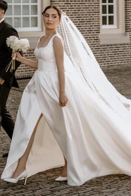 Beautiful A-Line Satin Off-The-Shoulder Sleeveless White Wedding Dresses With Split Front - Image 3