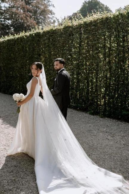 Beautiful A-Line Satin Off-The-Shoulder Sleeveless White Wedding Dresses With Split Front - Image 4