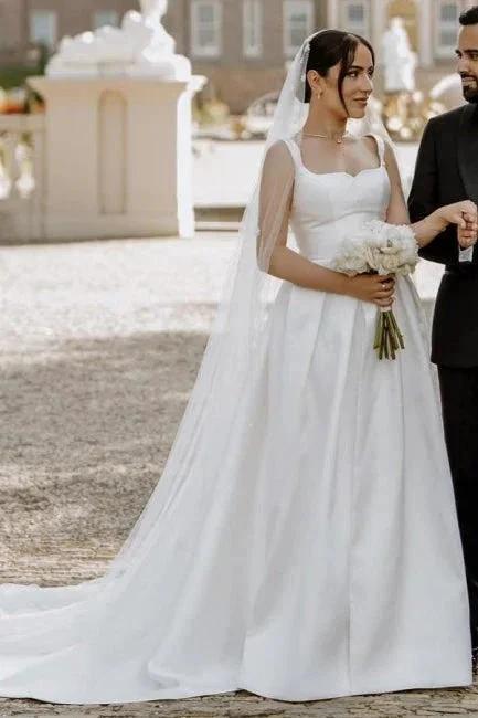 Beautiful A-Line Satin Off-The-Shoulder Sleeveless White Wedding Dresses With Split Front - Image 5