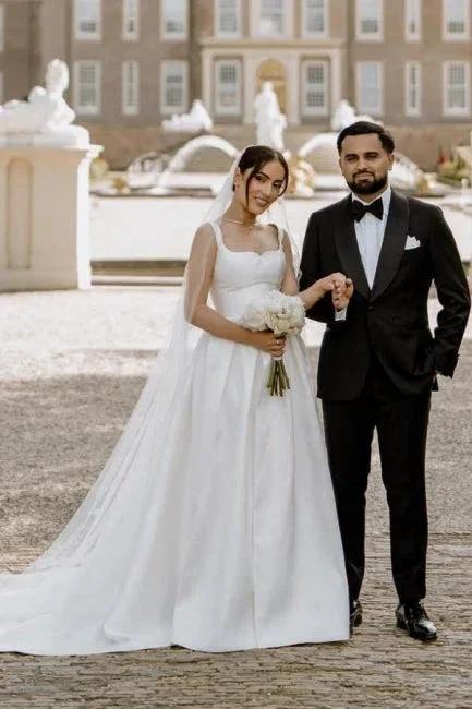 Beautiful A-Line Satin Off-The-Shoulder Sleeveless White Wedding Dresses With Split Front - Image 6