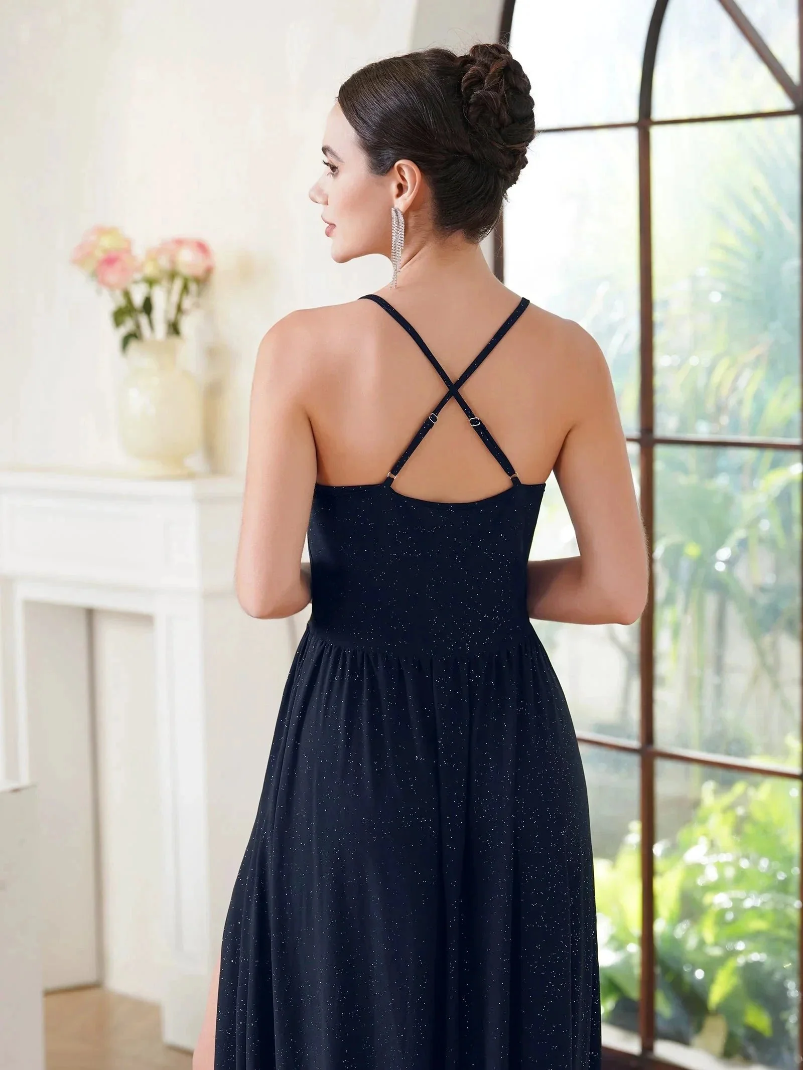 Beautiful A-line sleeveless Dark Green Bridesmaid Dress With Split Front - Image 3