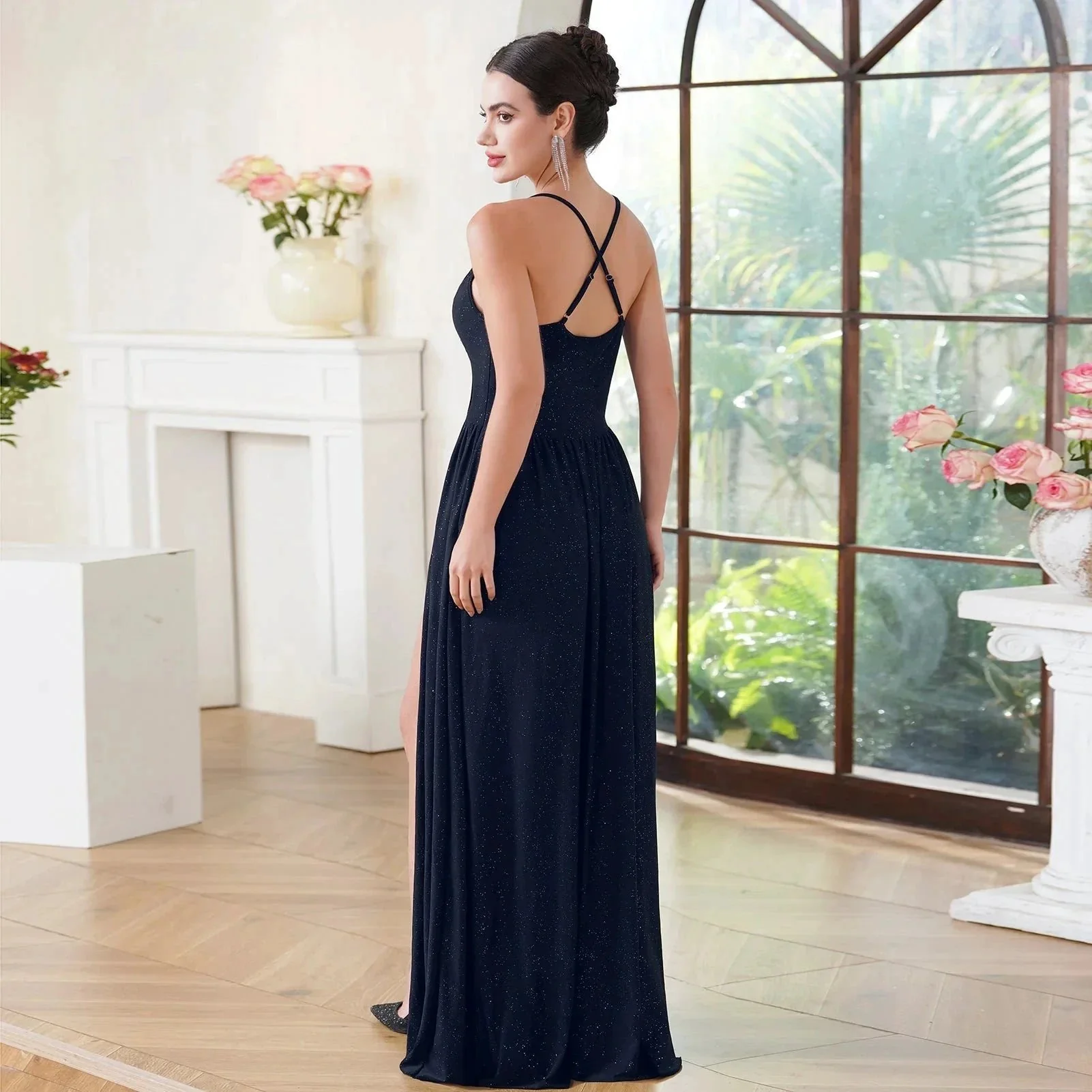 Beautiful A-line sleeveless Dark Green Bridesmaid Dress With Split Front - Image 4