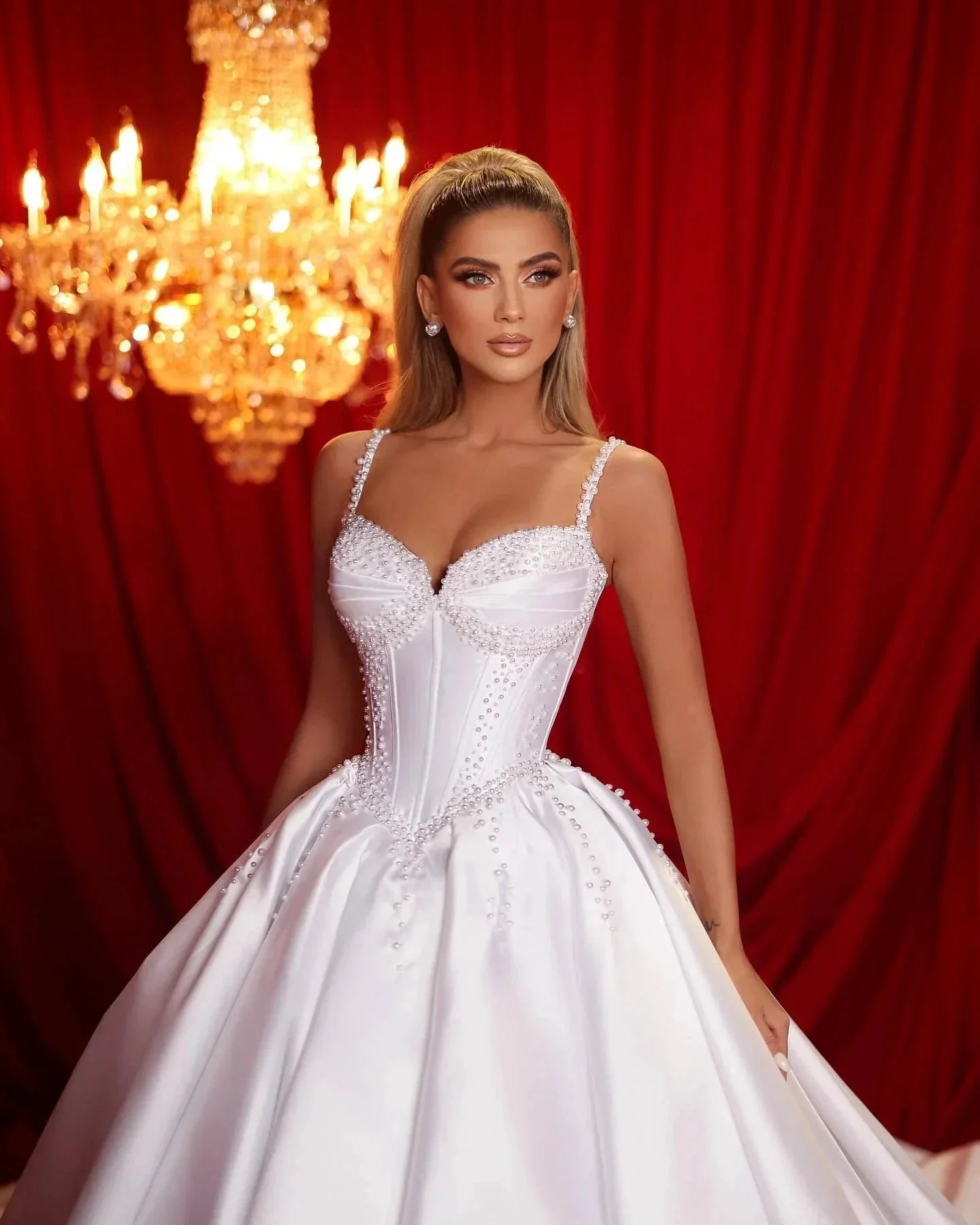 Beautiful A-line Spaghetti Straps Sleeveless Ruffles Satin Train White Long Wedding Dress - Image 2