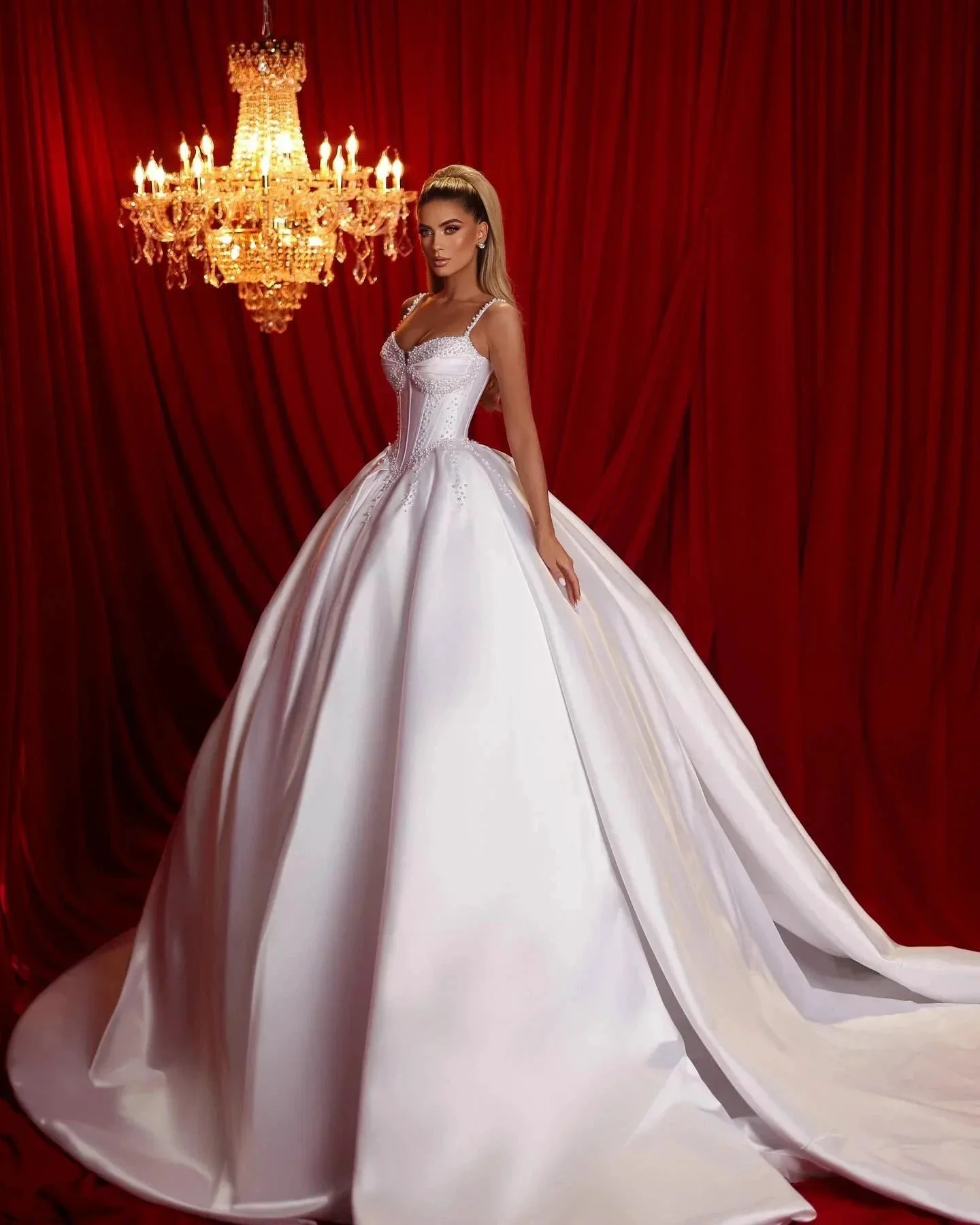 Beautiful A-line Spaghetti Straps Sleeveless Ruffles Satin Train White Long Wedding Dress - Image 3