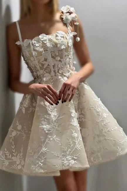 Beautiful A-Line Tulle Lace Spaghetti Straps Sleeveless Ivory Short Wedding Dress With Appliques - Image 2