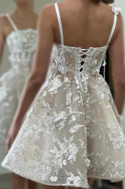 Beautiful A-Line Tulle Lace Spaghetti Straps Sleeveless Ivory Short Wedding Dress With Appliques - Image 3