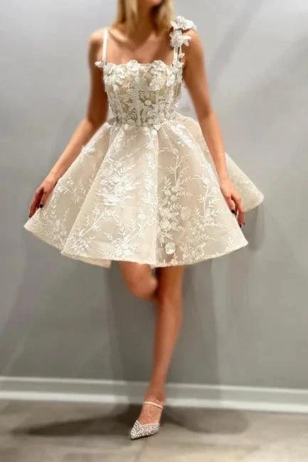 Beautiful A-Line Tulle Lace Spaghetti Straps Sleeveless Ivory Short Wedding Dress With Appliques - Image 4