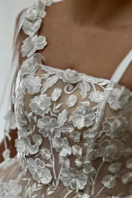 Beautiful A-Line Tulle Lace Spaghetti Straps Sleeveless Ivory Short Wedding Dress With Appliques - Image 5