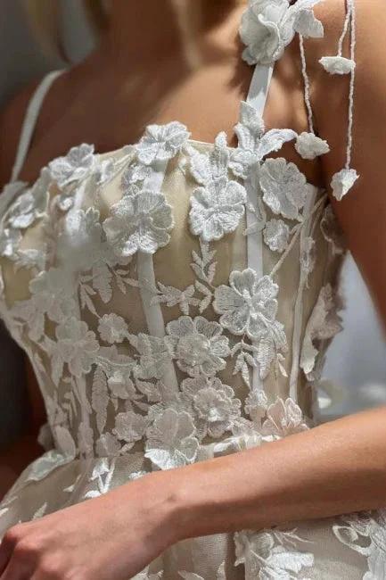 Beautiful A-Line Tulle Lace Spaghetti Straps Sleeveless Ivory Short Wedding Dress With Appliques - Image 6