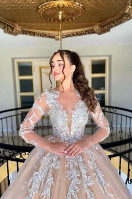 Beautiful A-Line Tulle Lace V-Neck Long Sleeve Long Wedding Dress With Appliques Ruffles - Image 2