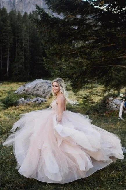Beautiful A-line V-neck Backless Tulle Sleeveless Wedding Dresses - Image 6